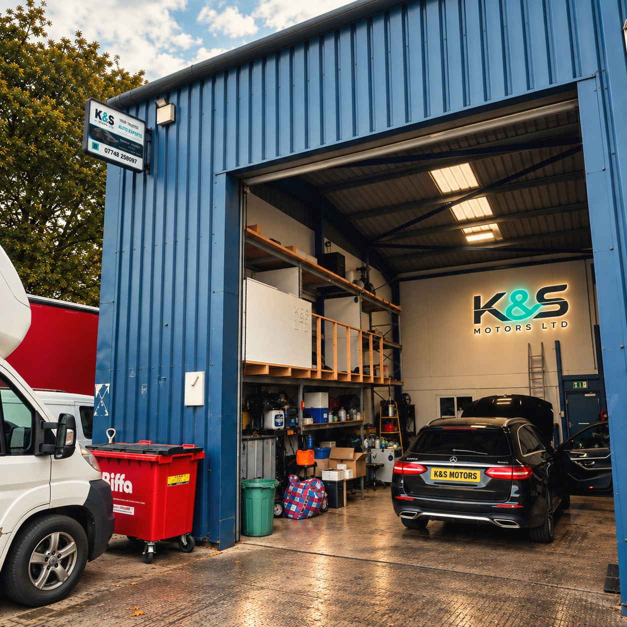 Workshop entrance with illuminated K&S Motors sign inside