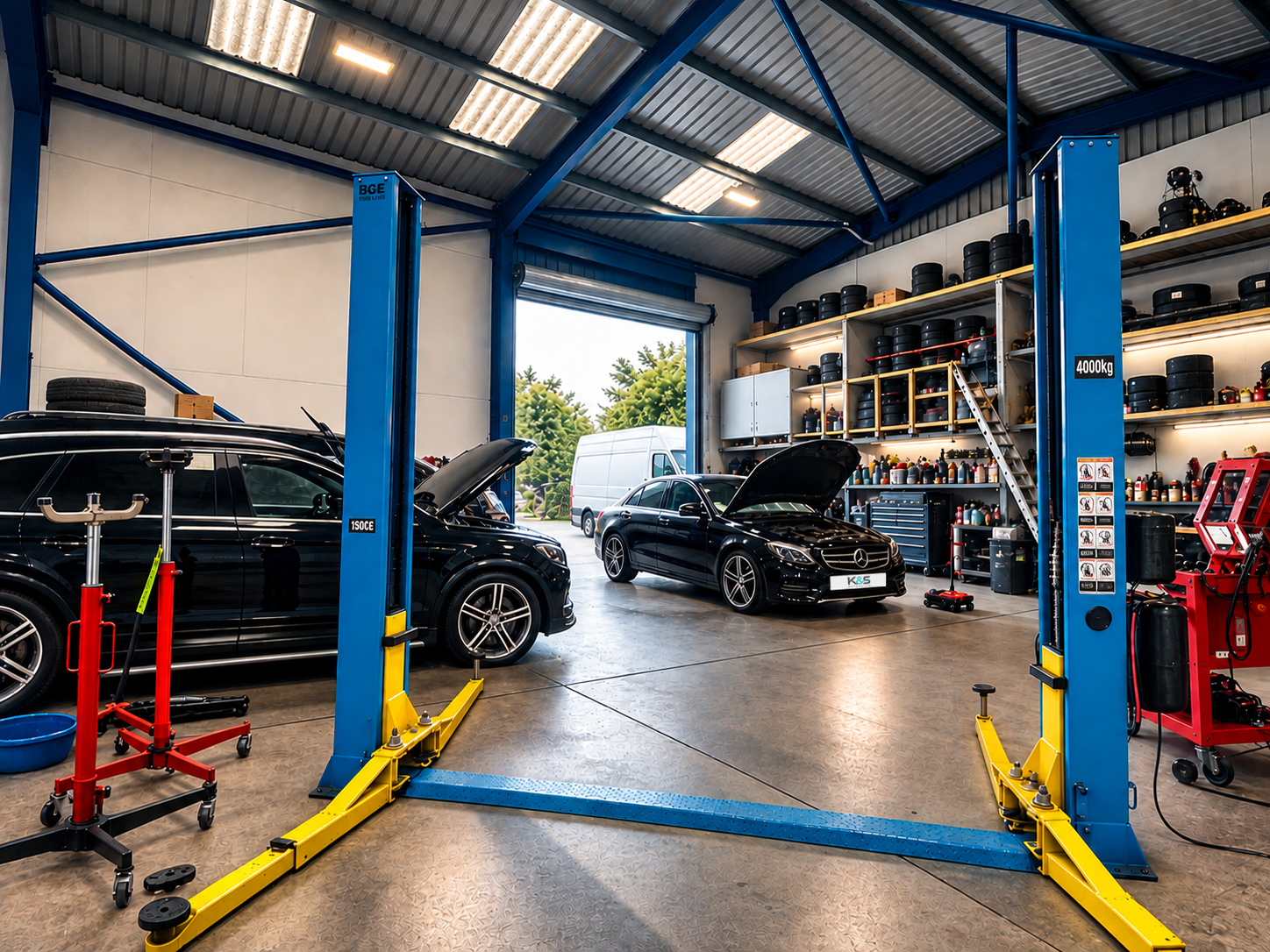 Cars and a van inside the K&S Motors workshop