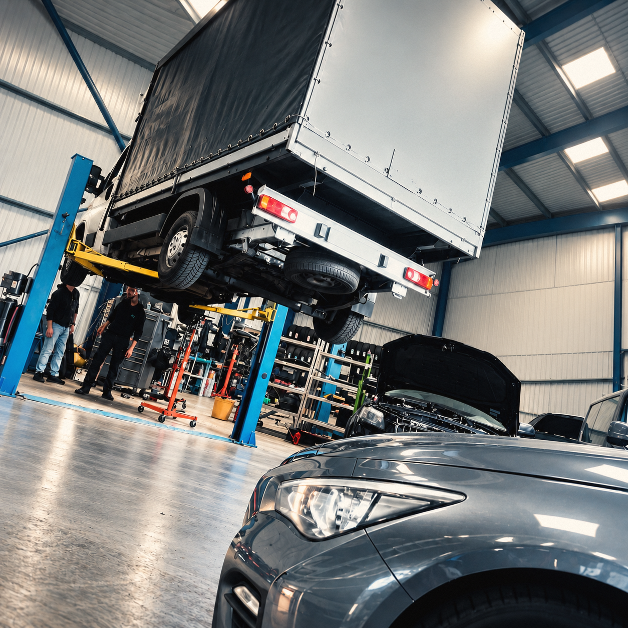 Commercial vehicle raised on a lift in the K&S workshop