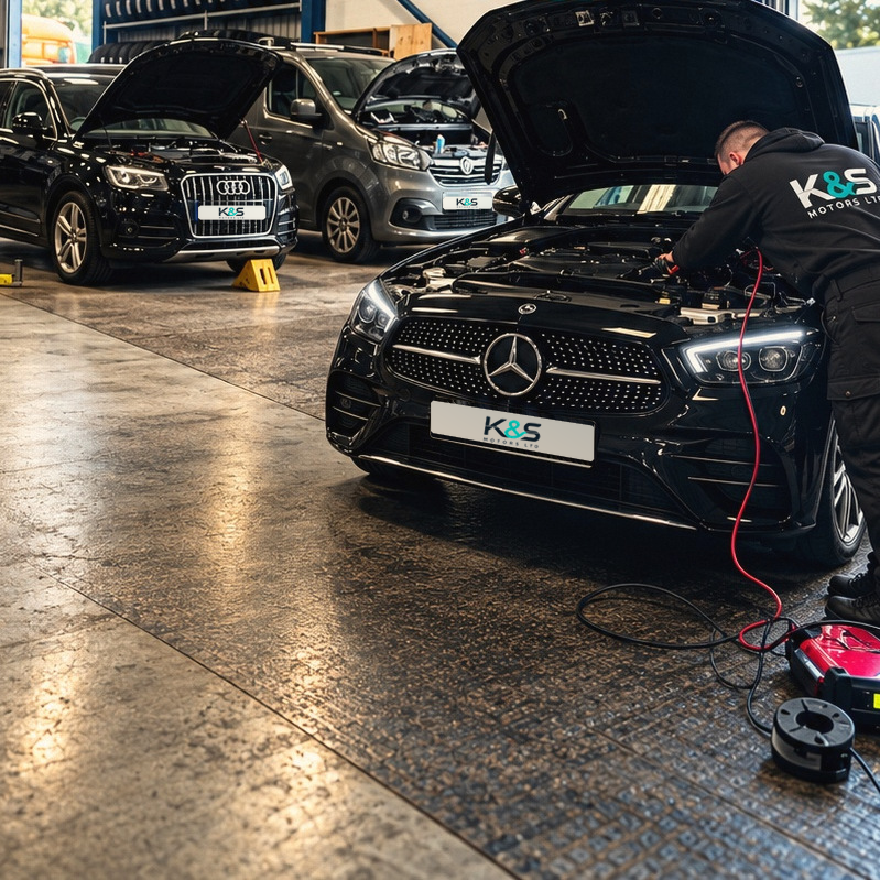 K&S technician diagnosing a Mercedes inside the workshop